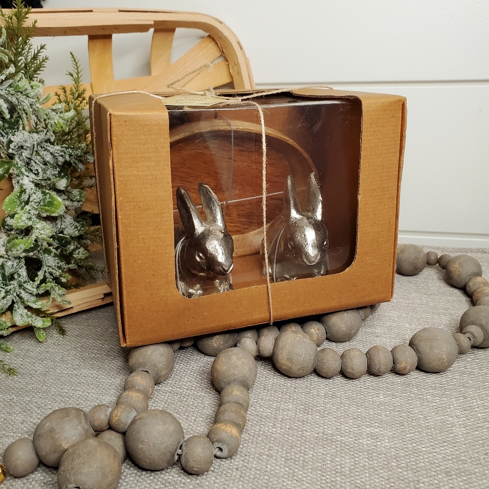 Silver Bunny Salt - Pepper Shakers & Wooden Tray